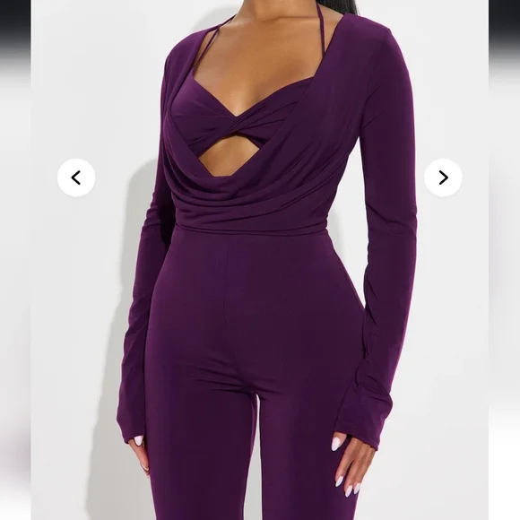Fashion Nova Purple Draped Cutout Long-Sleeve Jumpsuit - Picture 2 of 6